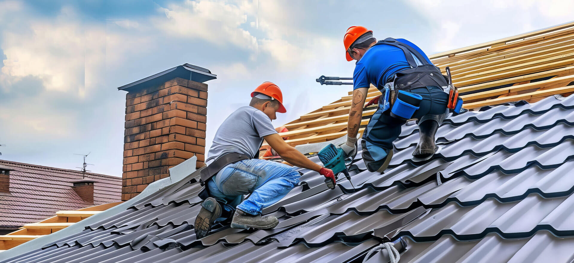 Professional roofing crew working on residential roof installation